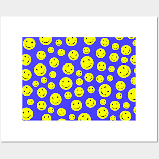 Smiley Face Seamless Pattern on Blue Background Posters and Art